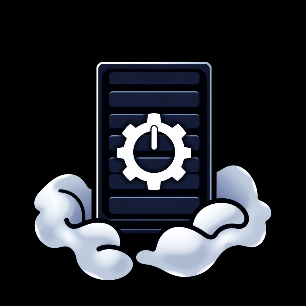 The image is a digital illustration of a mobile phone with a gearwheel on the screen. The phone is black in color and is placed on top of two white clouds. The gearwheel is white and appears to be in the center of the phone. The background is black, making the phone and clouds stand out. The overall design is simple and minimalistic.