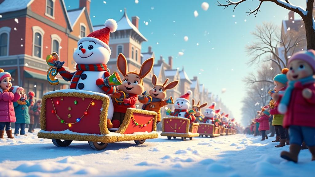 A lively cartoon parade marching down a snow-covered street, featuring a band of animals playing festive tunes. Floats with giant snowmen, adorned with colorful lights and tinsel, pass by animated children waving and clapping in excitement, under a swirl of gently falling snow.