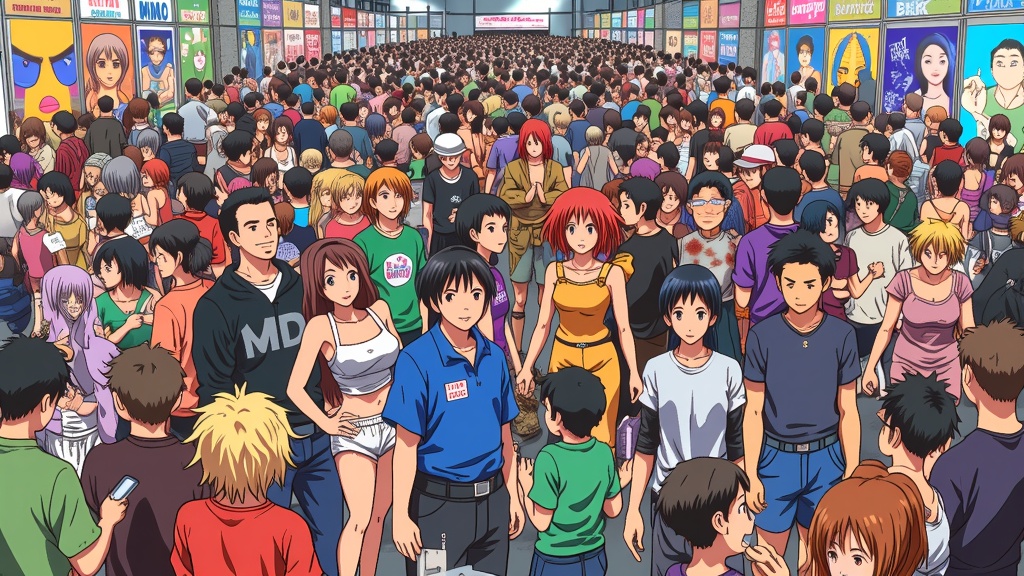 'Find the Character' illustrations: Detailed, busy MomoCon floor scenes or iconic locations with multiple anime characters subtly integrated, challenging viewers to spot them all.