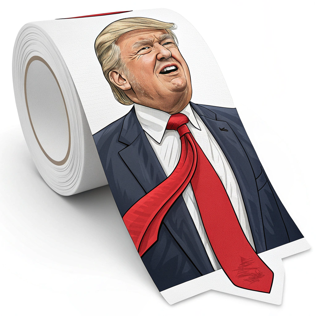 Trump depicted with a comical oversized red tie.