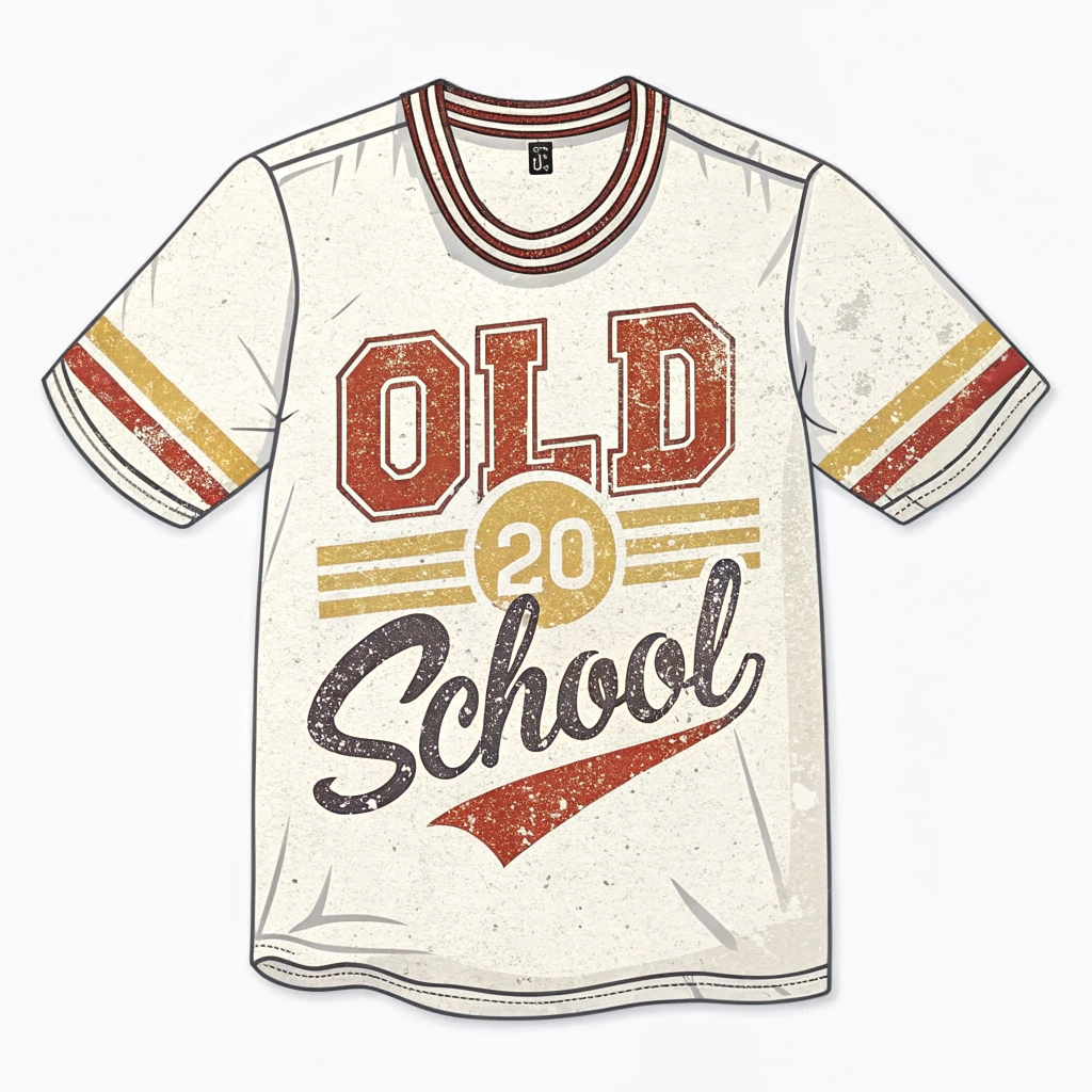 The image is of a white t-shirt with a red and yellow striped collar. On the front of the shirt, there is a text that reads OLD 20 School in a bold, cursive font. The text is in a red color with a yellow stripe running horizontally across the chest. The shirt appears to be made of a soft, textured fabric. The background of the image is plain white.