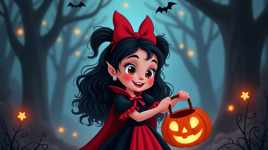 The image is a digital illustration of a young girl dressed up as a vampire for Halloween. She is wearing a red and black dress with a large red bow on her head and a black cape over her shoulders. She has long dark hair and is holding a carved pumpkin in her right hand. The girl is smiling and looking at the camera. The background is a dark forest with tall trees and bats flying in the sky. The ground is covered in fallen leaves and there are orange and yellow stars scattered around. The overall mood of the image is spooky and festive.