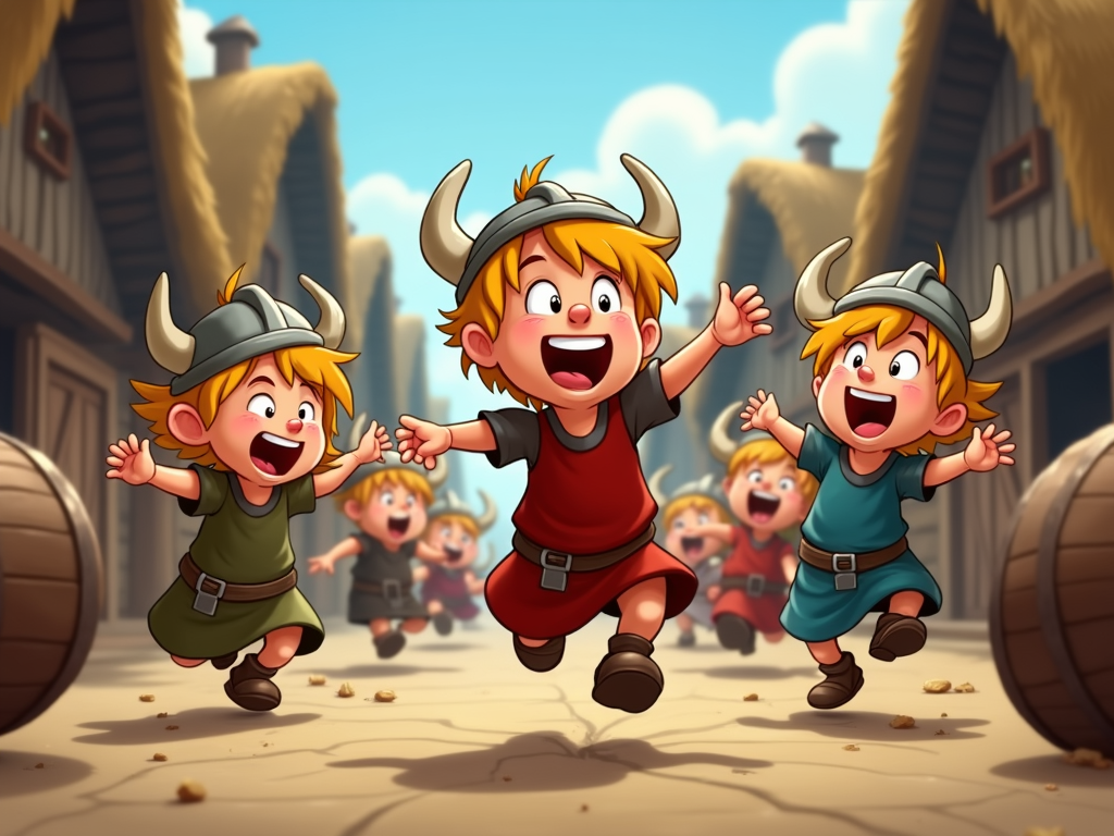 A group of young Viking children with exaggerated expressions, causing chaos in a village setting.