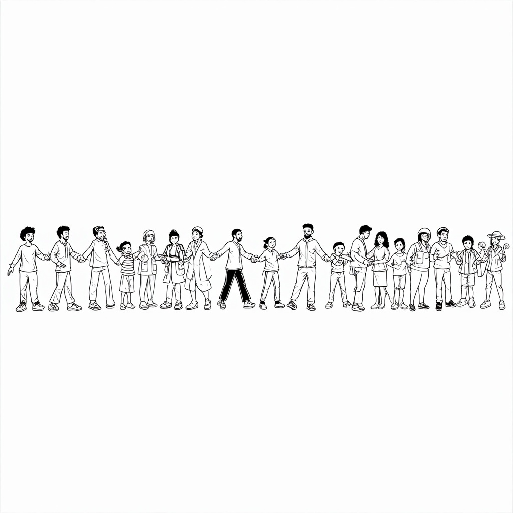 A 'chain reaction' visual: a line of diverse people, starting with one person getting vaccinated. This leads to a positive ripple effect where each subsequent person is shown healthy and engaging in community activities (sharing, learning, playing), visually demonstrating how one vaccination helps many. The chain could be formed by linking arms or passing a healthy glow.