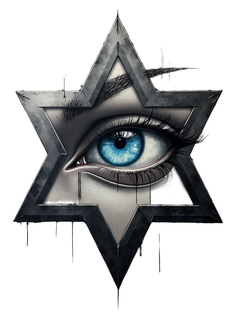 Sub-design 5: A bio-mechanical fusion: a realistic eye with visible cybernetic enhancements like a glowing LED pupil or metallic implants, set within a futuristic interpretation of the Providence triangle made of polished chrome or dark metal.