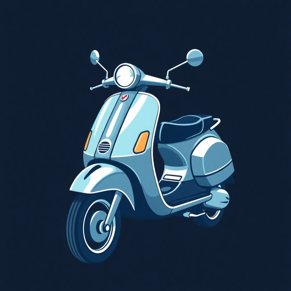 The image is a digital illustration of a blue scooter. The scooter is in a side view, with the front and back of the scooter facing towards the left side of the image. It has a round headlight and two side mirrors on either side. The handlebars are curved and the seat is upholstered in a light blue fabric. The front wheel is large and has a silver rim. The background is dark blue, making the blue color stand out. The overall design is simple and minimalistic.