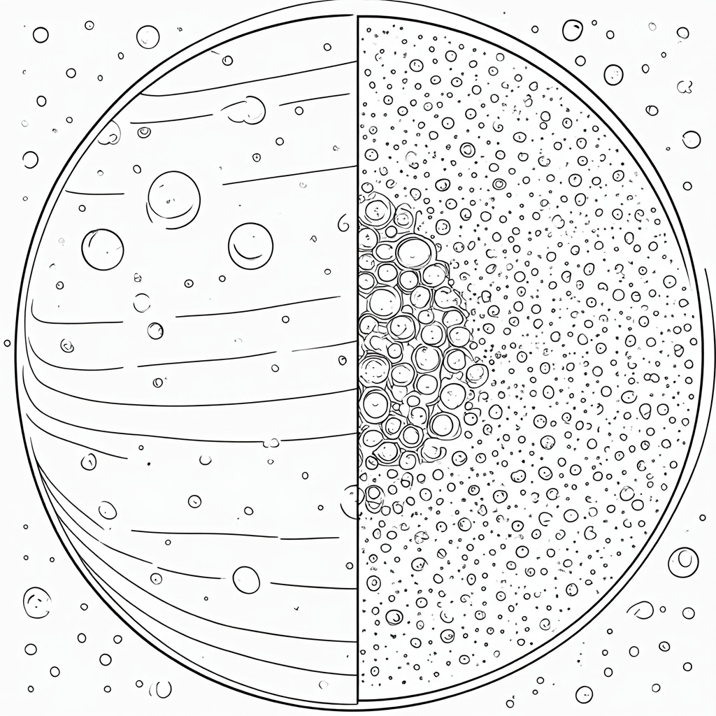Coloring Page Design: A split-panel image contrasting a smooth, macroscopic view of spacetime (e.g., with planets or galaxies) on one side, and a magnified section revealing its underlying bubbly quantum foam structure on the other.