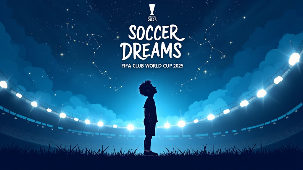 T-shirt design titled 'Ascent to the Stars': Silhouette of a young player looking up at a night sky where stadium lights blend into stars, with a constellation forming a soccer ball or trophy. 'Soccer Dreams' text is prominent, with 'FIFA Club World Cup 2025' underneath.