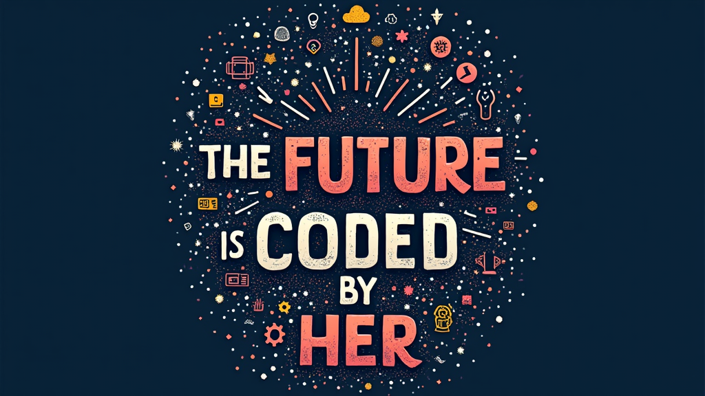 Empowerment Constellation: A constellation of small, recognizable tech icons (e.g., < / >, CPU, cloud, gear, lightbulb) that subtly form a larger, empowering shape like a rising sun, a blooming flower, or the outline of a woman's uplifted fist. The slogan 'The Future is Coded by Her' is typeset in a strong, inspiring font.