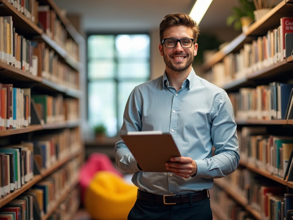 A young male teacher with stylish glasses and a clipboard stands in a library surrounded by shelves stacked with books. A warm reading nook with bean bags and soft lighting is visible in the background.