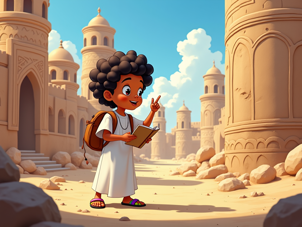 The cartoon shows a Qatari child exploring ancient ruins, imagining they are a brave adventurer. Include historical architectural elements from Qatar.