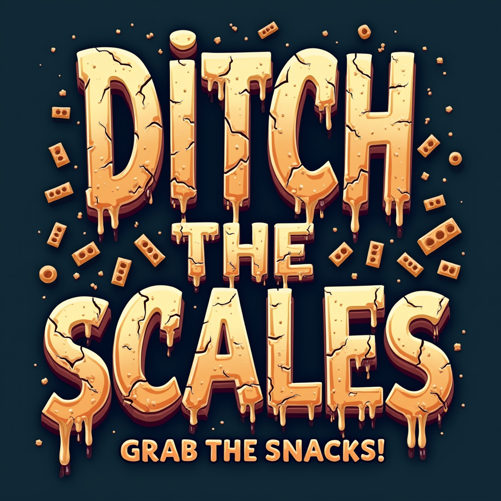 A typography-focused design where the words 'DITCH THE SCALES' are made to look like they are cracking or breaking apart, while 'GRAB THE SNACKS!' is written in a flowing, appetizing font, possibly with letters shaped like or dripping with deliciousness (e.g., chocolate).
