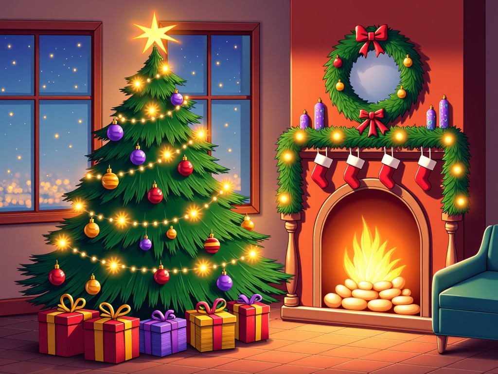 The image shows a living room with a Christmas tree decorated with lights, balls, stars and other festive items, gift boxes on the floor, a sofa on the right side, a fireplace with a wreath, candles, socks and other objects, and a wall with a window in the background.