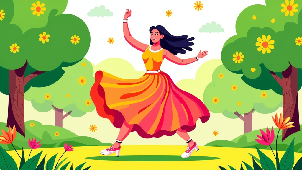  a young woman dancing in a park. She is wearing a yellow top and a long orange skirt that is flowing in the wind. Her arms are stretched out to the sides and her legs are bent at the knees. She has long dark hair and is wearing white sneakers. The park is filled with trees and flowers, and there are pink and yellow tulips scattered throughout. The sky is blue with white clouds. The overall mood of the image is joyful and carefree.