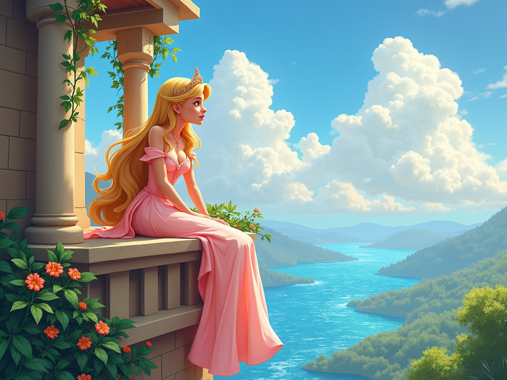 A top-down view of a princess sitting on a balcony in her castle, gazing at the clouds with a wistful expression, surrounded by lush greenery and sparkling water.