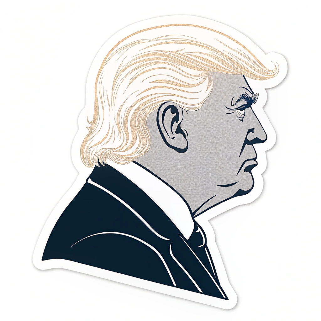 A sticker with a simple silhouette of Donald Trump's distinctive hairstyle and profile.