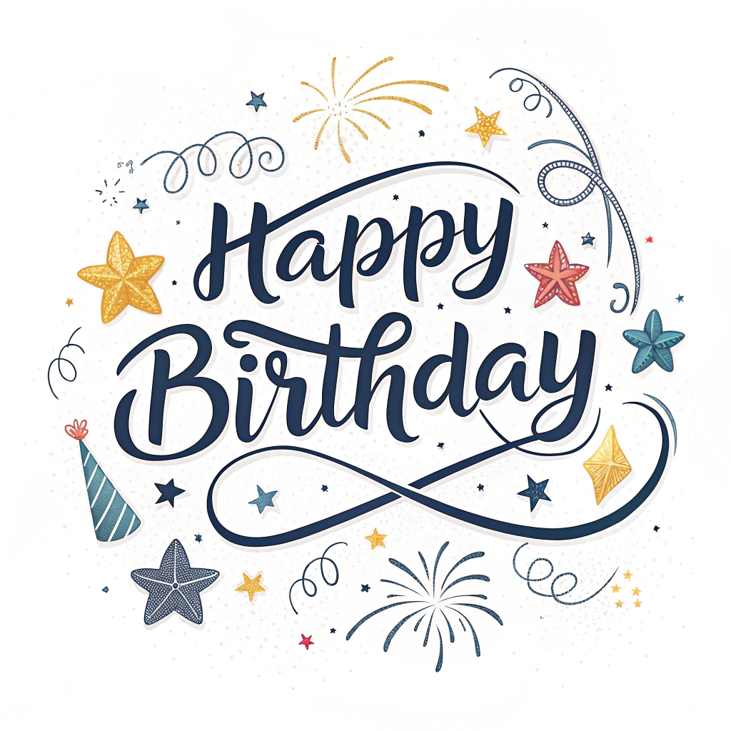 A sticker with the text 'Happy Birthday' handwritten in a cursive font, surrounded by stars or sparkles.