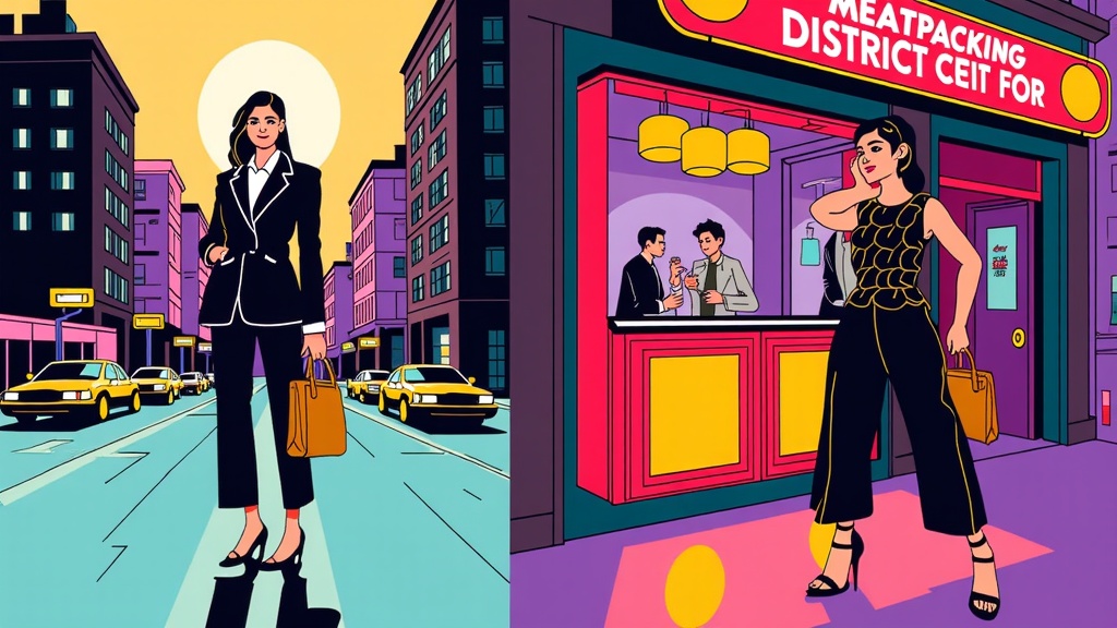 A 'day-to-night' transformation series illustrated in iconic NYC settings. For example, a model in a sharp business-chic outfit by day in the Financial District, transforming into a glamorous evening look for a fashion show after-party in a Meatpacking District club, all illustrated with the city's changing light and mood.