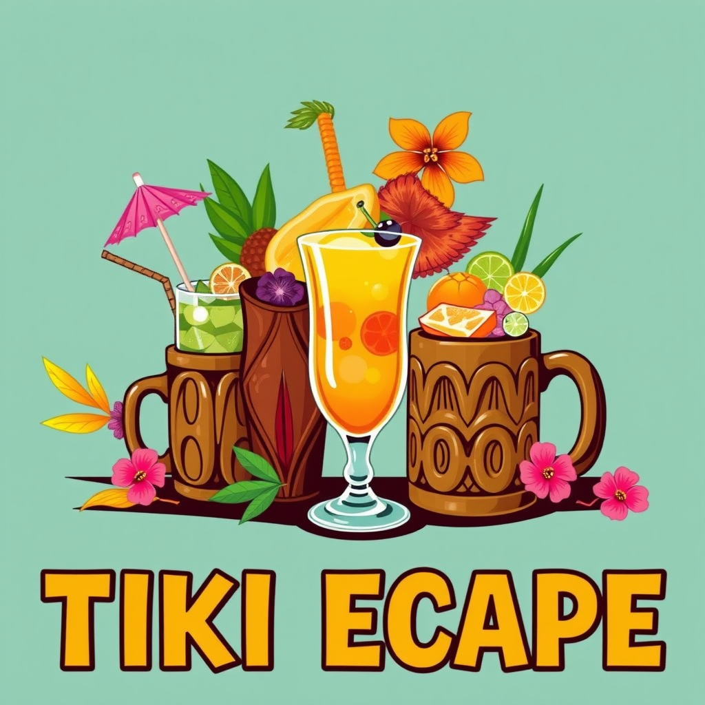 Sub-design Idea 5: Mid-Century Tiki Escape. Icons of exotic tiki cocktails in distinctive tiki mugs, garnished lavishly with tropical fruits, flowers, and paper umbrellas. Employ a vibrant palette of teals, oranges, browns, and bright pinks, with bamboo-style or bold exotic lettering.