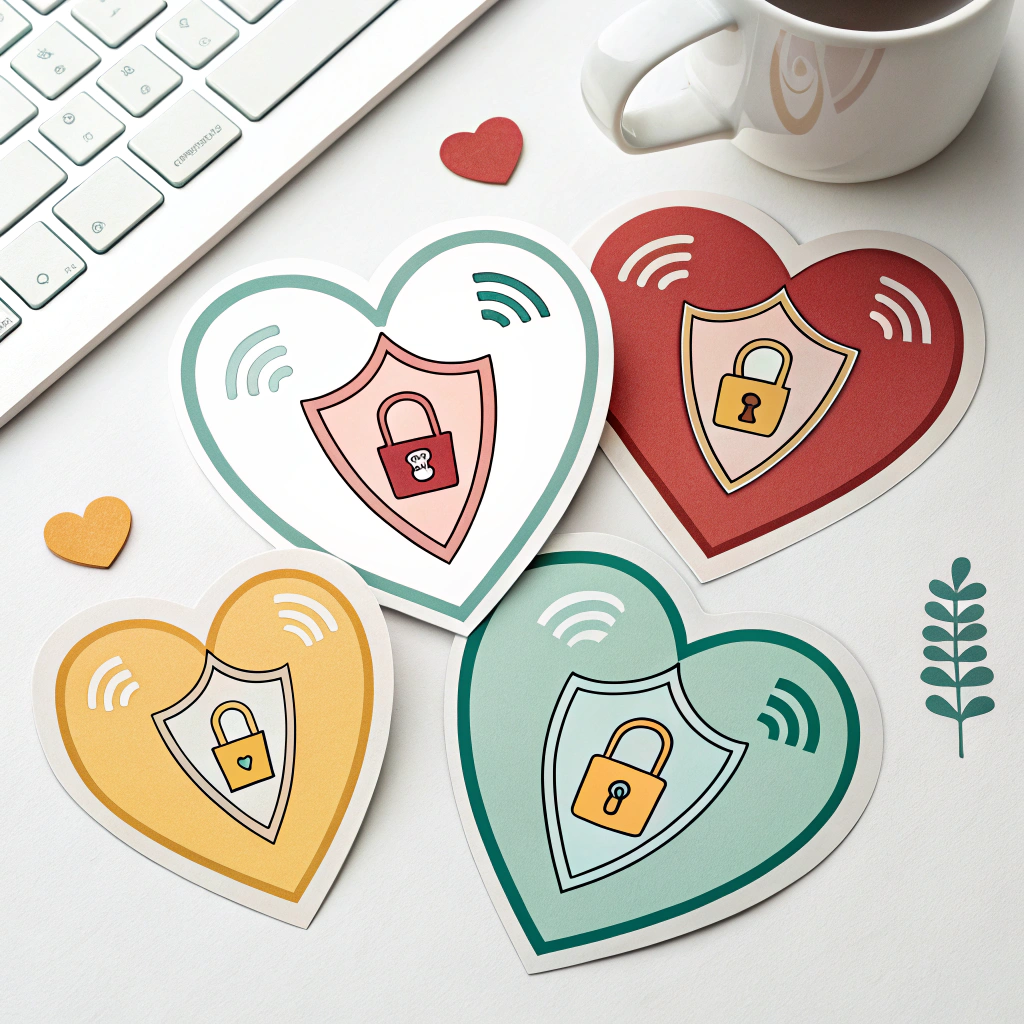 Heart-shaped stickers featuring a shield motif subtly integrated, symbolizing online safety and protection through kindness. Could use a calming color palette with a prominent, warm heart color.