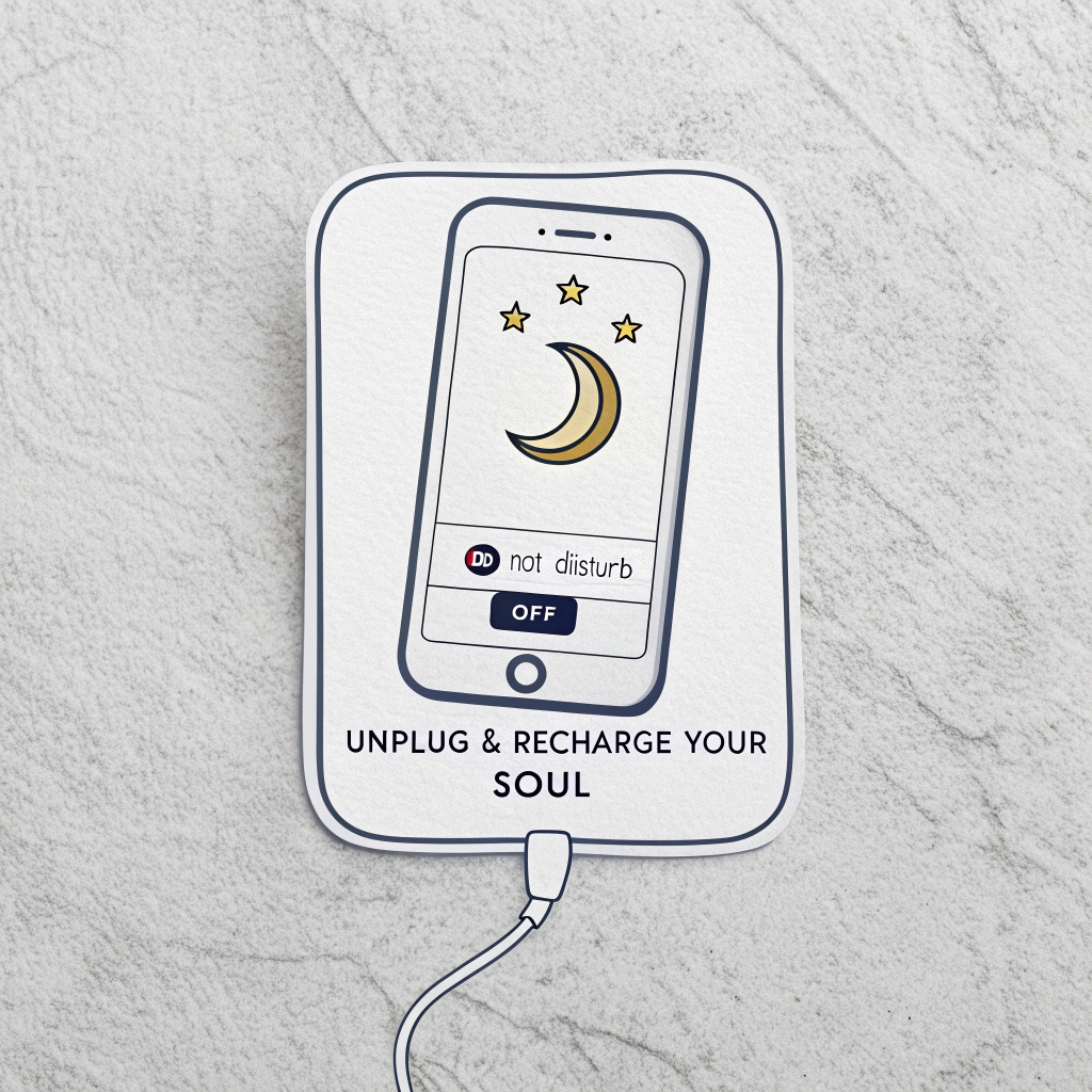 Sub-design idea 3: 'Digital Detox Zone' Sticker - A simple outline of a smartphone with a small 'Do Not Disturb' moon symbol or a gentle 'OFF' button. Text: 'Unplug & Recharge Your Soul'.