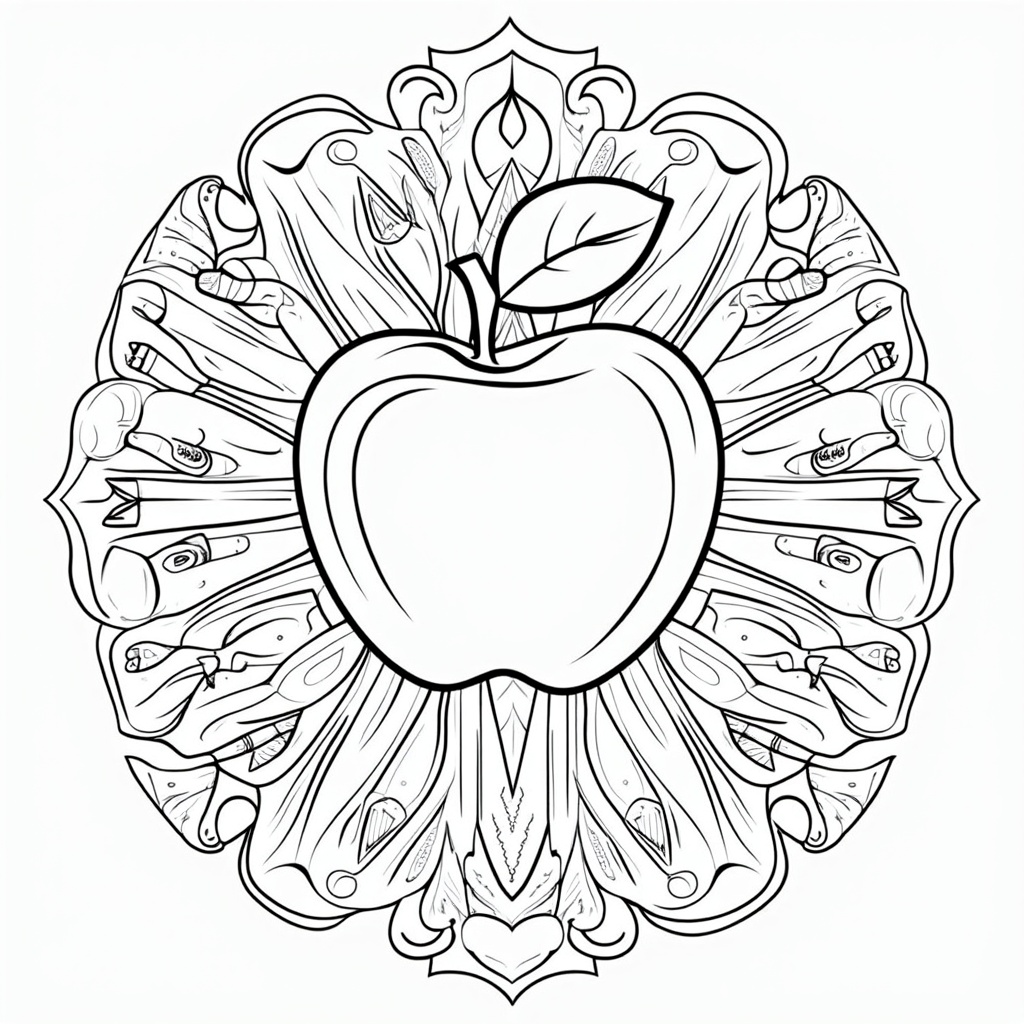 A central apple or heart acts as the focal point, with radiating symmetrical patterns of pencils, crayons, rulers, and scissors forming the mandala. Small 'Thank You' banners or heart motifs can be subtly integrated within the supply patterns to emphasize teacher appreciation.