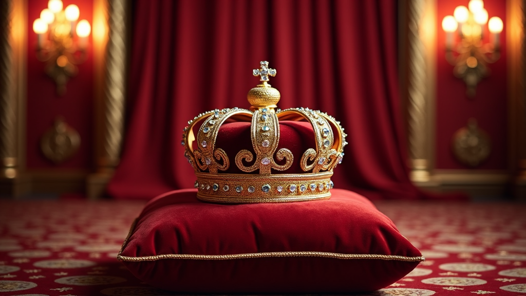 A crown displayed in an opulent setting with red velvet curtains, reminiscent of a royal coronation scene.