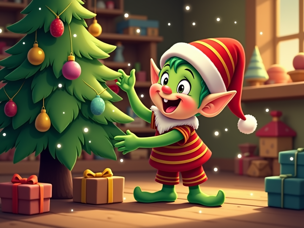  a cartoon Christmas elf standing in front of a Christmas tree. The elf is wearing a red and yellow striped outfit with a white pom-pom on its head. It has green hair and is smiling as if it is happy. The tree is decorated with colorful ornaments and lights, and there are several gift boxes scattered around the room. In the background, there is a bookshelf and a window with a view of the outside. The overall mood of the image is cheerful and festive.