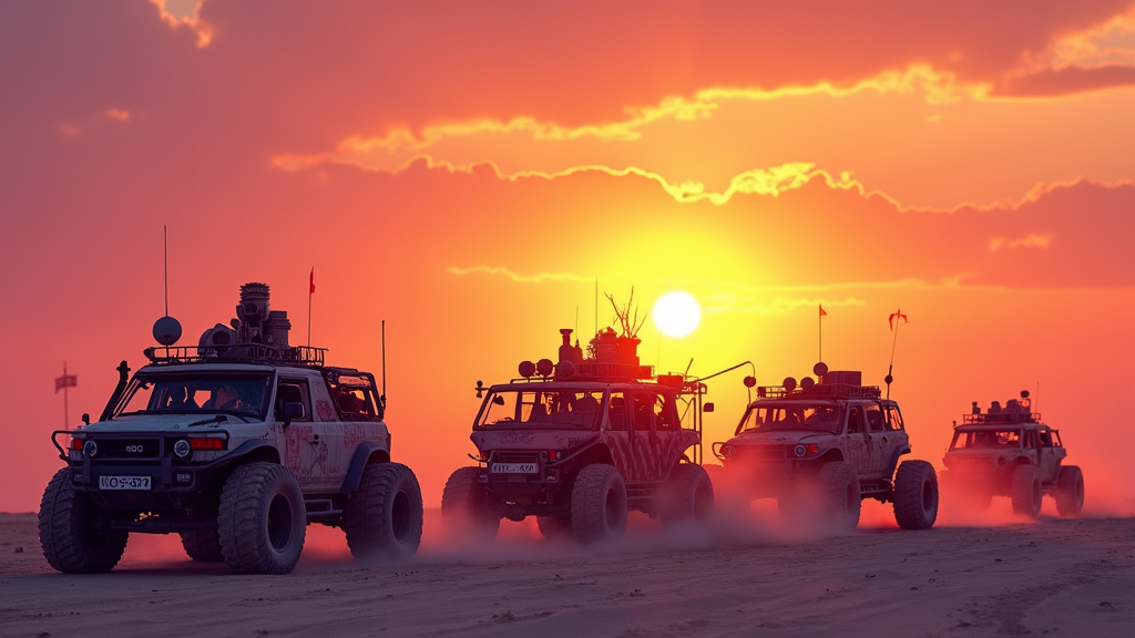 T-Shirt Design Idea 1: Playa Parade Panorama. Features a wide silhouette of diverse mutant vehicles and art cars during a vibrant Burning Man sunset or sunrise, capturing the dusty, expansive desert atmosphere.