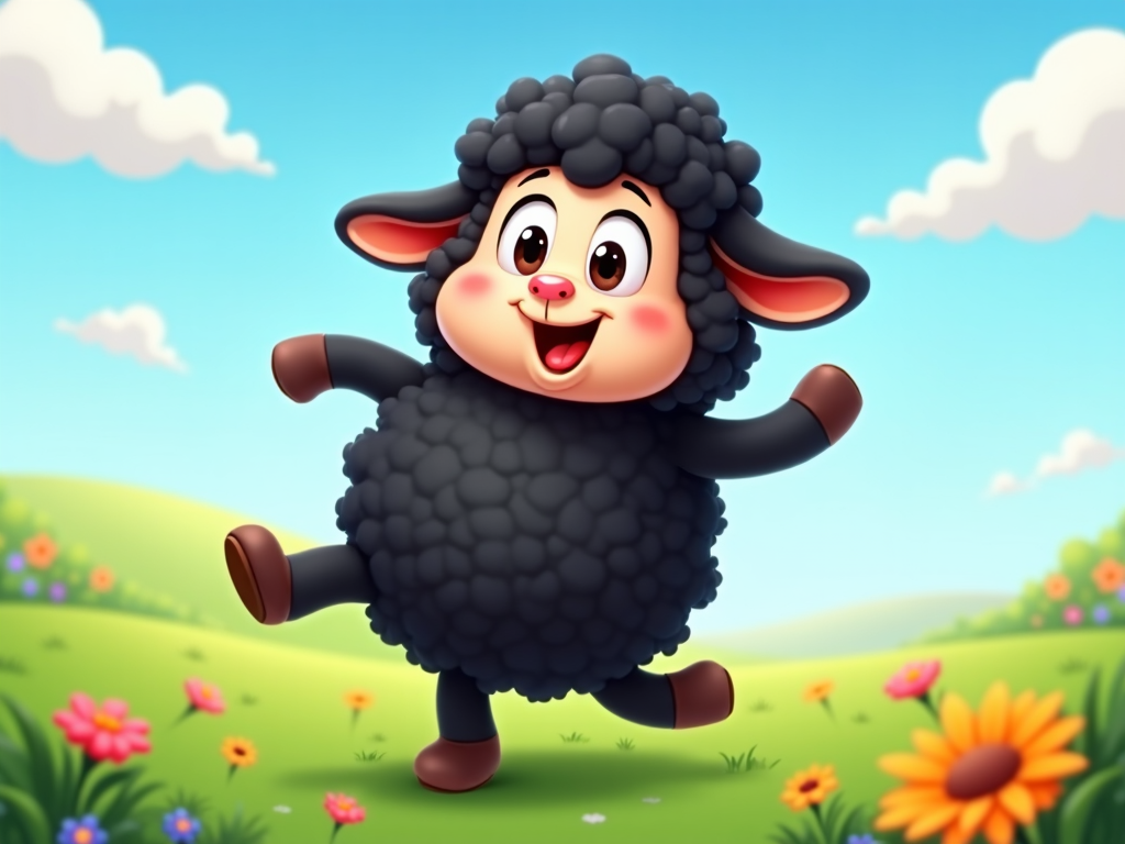 The image shows a cartoon black sheep jumping in the air with a big smile on its face, surrounded by a lush green grassy field with colorful flowers and plants, and a bright blue sky with fluffy white clouds in the background.