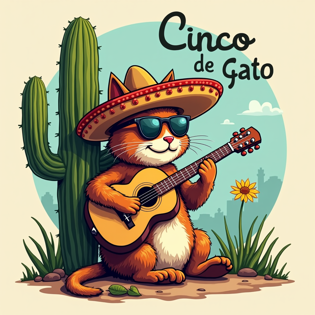 Cool Sombrero Cat with Guitar: A laid-back cat sporting a sombrero tilted to the side and sunglasses, casually strumming a small guitar, leaning against a cactus. Text: 'Cinco de Gato: Cool Cat Vibes.'