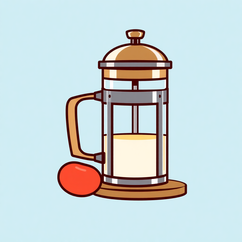 The image is an illustration of a French press coffee maker. The French press is made of glass and has a gold-colored lid with a handle on top. It is placed on a wooden base with a red ball on the side. The glass is filled with a light-colored liquid, which appears to be freshly brewed coffee. The background is a light blue color. The illustration is simple and cartoon-like.