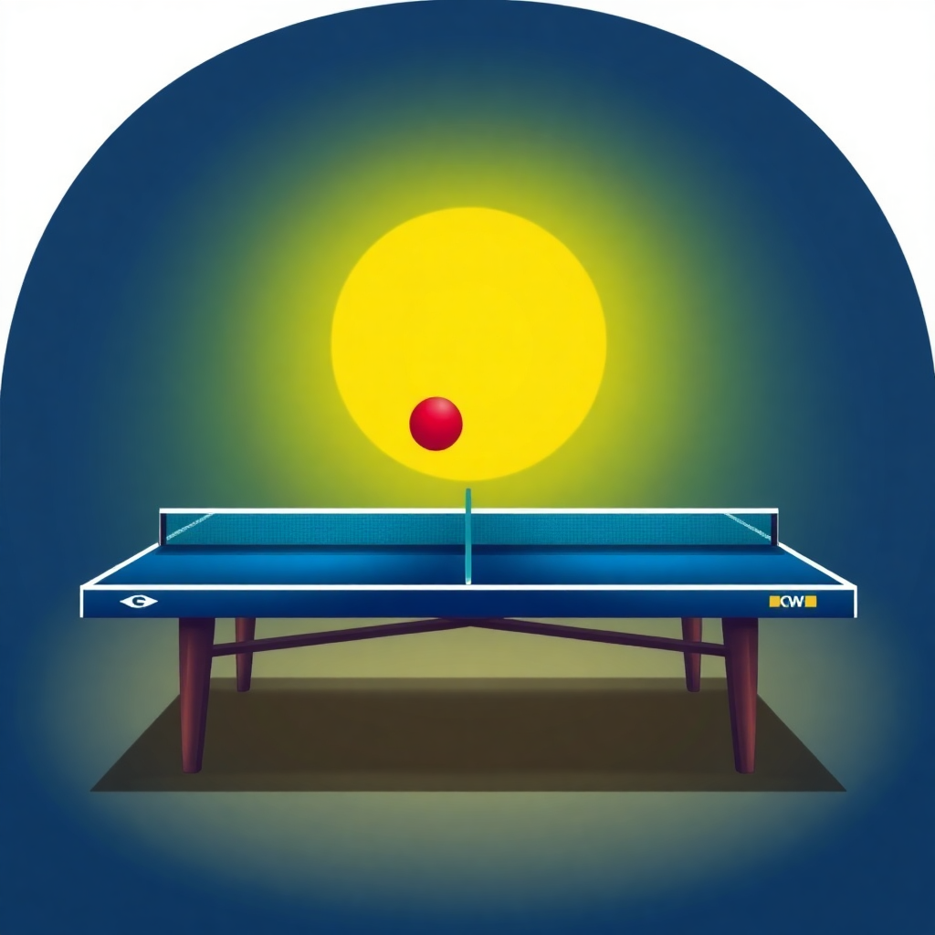 The image is a digital illustration of a ping pong table. The table is blue in color and has a net on top. There is a red ball in the center of the table, which is about to hit the ball. The background is a gradient of blue and yellow, with a large yellow circle in the top right corner. The overall color scheme of the image is bright and vibrant.