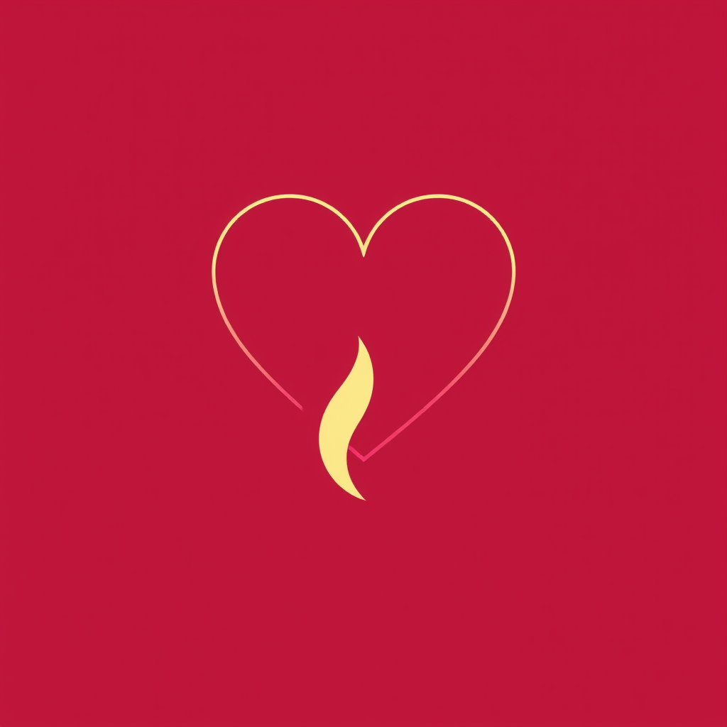 Minimalist heart outline with a single, stylized flame at the bottom point, signifying a spark of love.