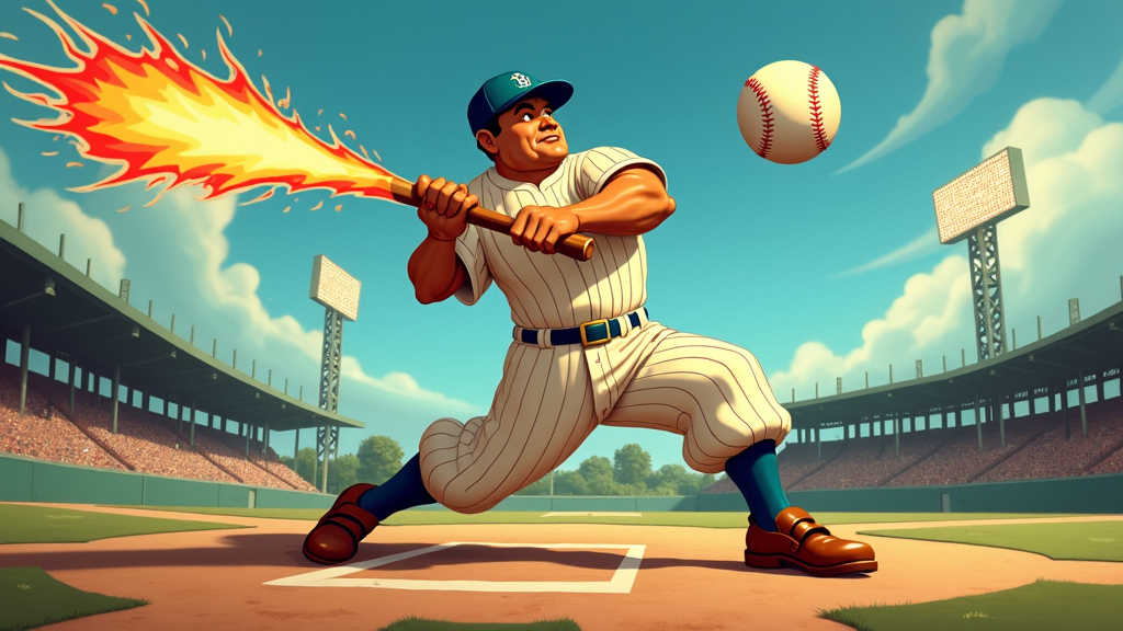 Sub-Design Idea 1: 'The Colossus of Clout' - Babe Ruth depicted as a towering figure with a comically oversized bat (e.g., a modified tree trunk), mid-swing. The ball rockets off with a fiery trail and visible shockwaves, dwarfing a stylized stadium background. Emphasizes mythical strength and earth-shattering impact.