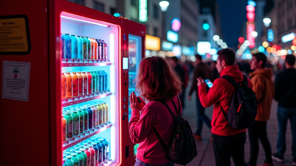 A nighttime cityscape with a vibrant vending machine glowing under neon lights, attracting passersby with its selection of energy drinks for late-night revellers.