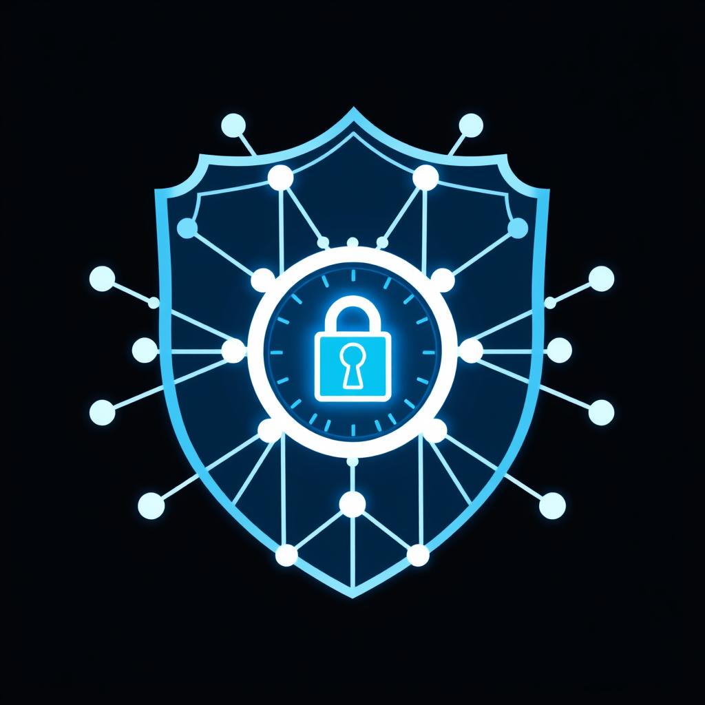 Digital Network Shield: A shield emblem composed of interconnected nodes or digital pathways, with a stylized lock icon (perhaps a glowing keyhole or a fingerprint pattern) at its central nexus, symbolizing network security and data protection.