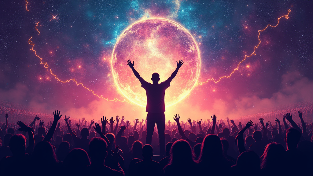Cosmic DJ Silhouette: A powerful silhouette of a DJ on a grand, elevated stage, arms raised, overlooking a vast sea of dancing crowd silhouettes. This is all set beneath an expansive and almost psychedelic 'electric sky,' depicted with swirling nebulae, stylized constellations (perhaps a daisy or owl constellation), and dramatic bursts of light.