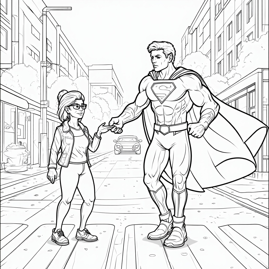 Superhero helping an elderly person cross a busy street, holding traffic back with one hand.