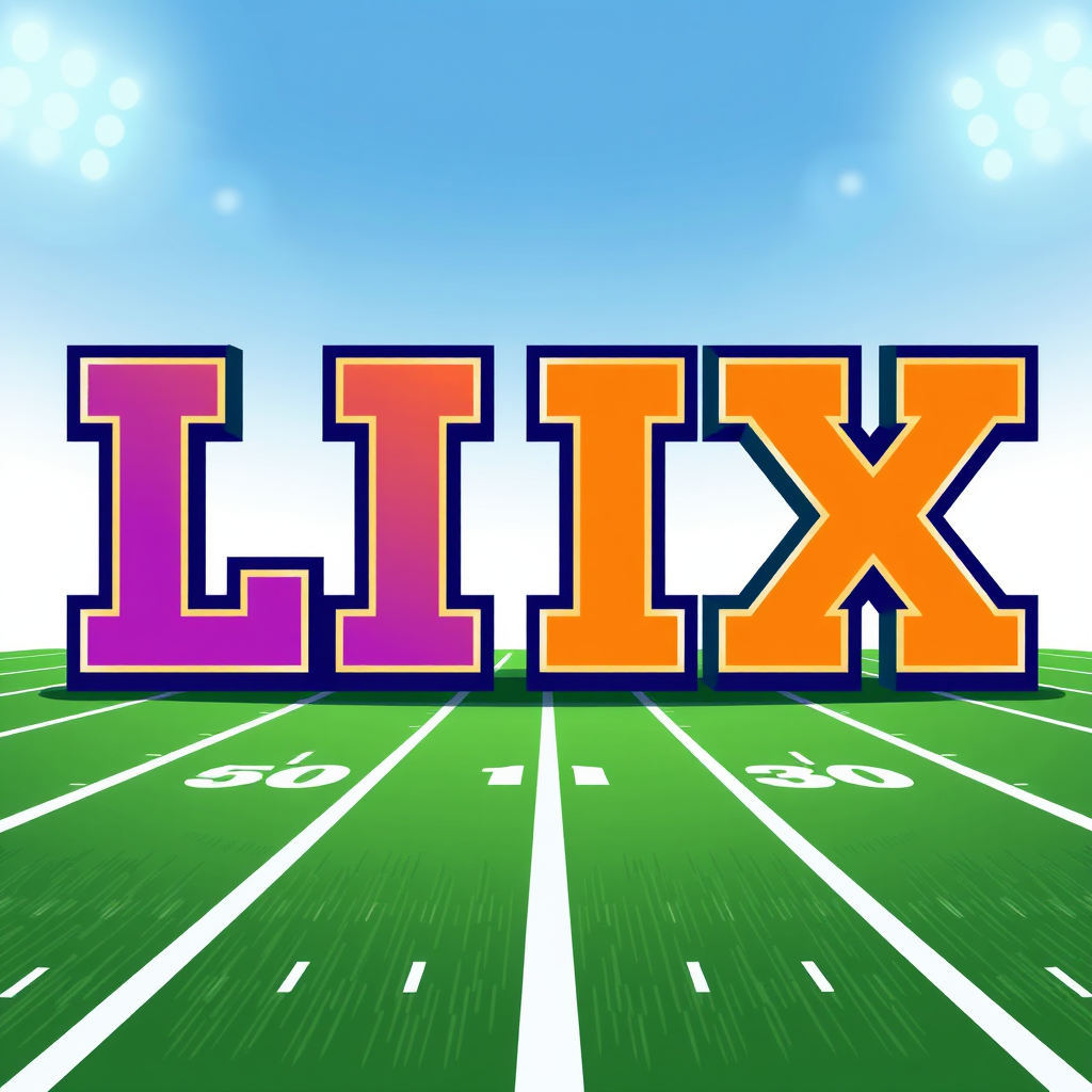 Dynamic Typography & Field Lines: The 'LIX' is presented in a dynamic, sporty font with perspective, as if moving across a field. Subtle football field lines (yard markers) are incorporated into the background or within the numerals themselves, colored in purple, green, and gold.