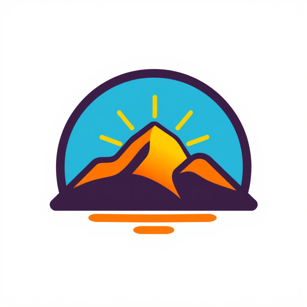 An icon that shows a simple mountain with a rising sun behind it, using bold colors to create a sense of a new day and opportunity.