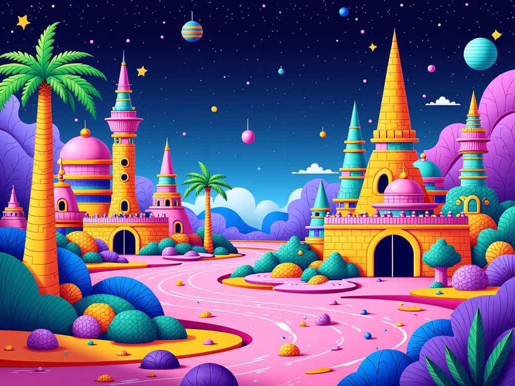 Illustrations of AI-designed sustainable cities on distant planets, showcasing unique architecture adapted to alien environments and powered by futuristic energy sources, all visualized through generative adversarial networks.