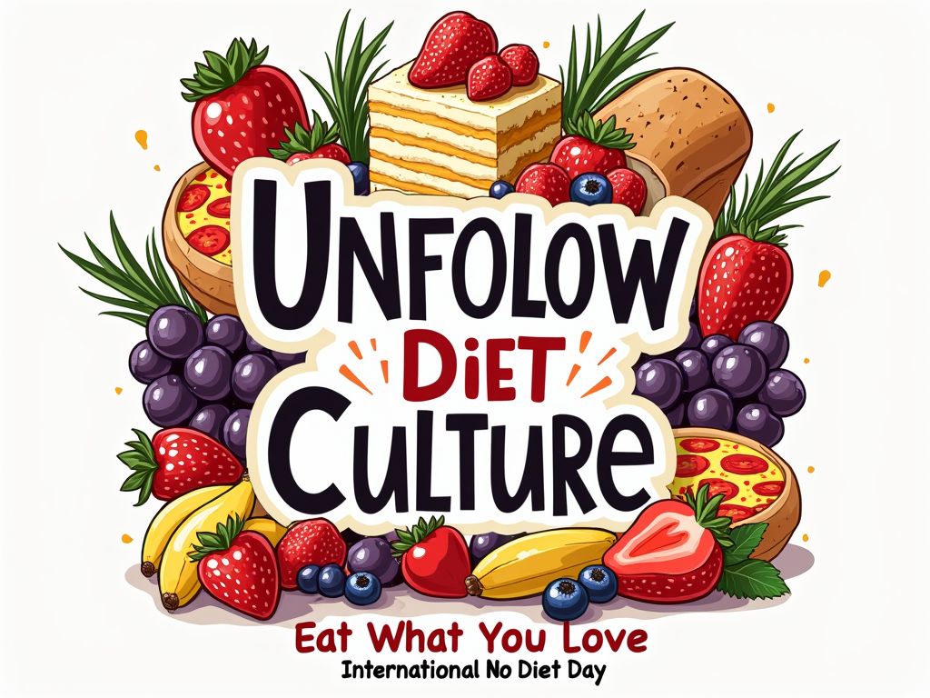 Design 3: 'Food Freedom Celebration' Concept - A colorful and joyful illustration depicting a variety of enjoyable foods (e.g., cake, pizza, fruit, bread) not typically associated with dieting. The text 'Unfollow Diet Culture Club' is central, with perhaps smaller text 'Eat What You Love - International No Diet Day'.