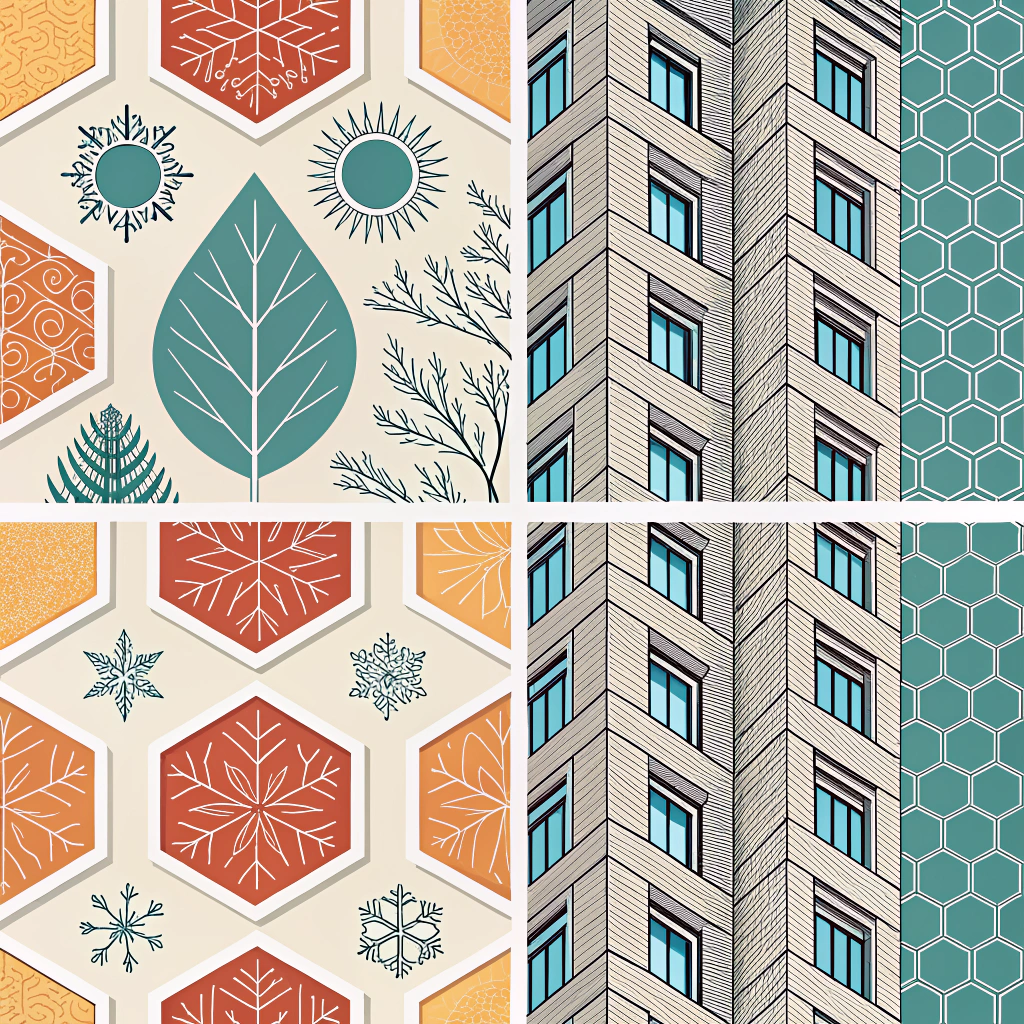 Architectural surface patterns utilizing phase-change materials or thermochromic coatings that react to temperature, altering their thermal properties (absorption/emissivity) to reduce heating and cooling demands.