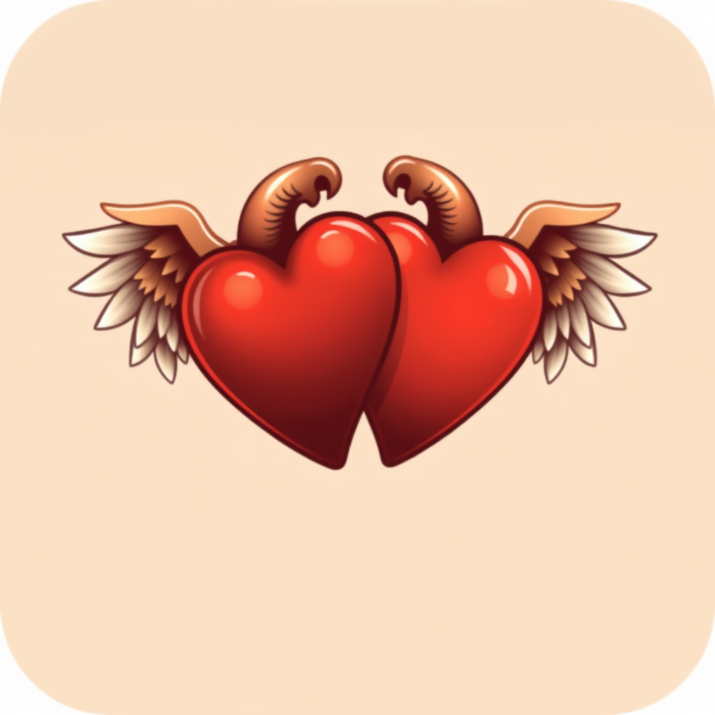 Two hearts intertwined, each with a wing, symbolizing a bond between two souls.