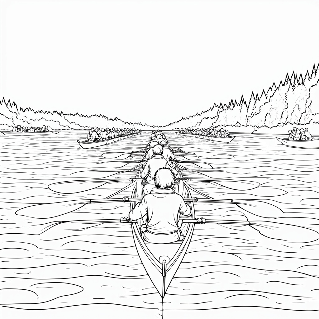 Steersperson's View: An illustration from the perspective of the steersperson at the back of the dragon boat, looking down the length of the boat at the paddlers in unison, with other competing boats visible ahead or alongside, and the Willamette riverbanks beyond.