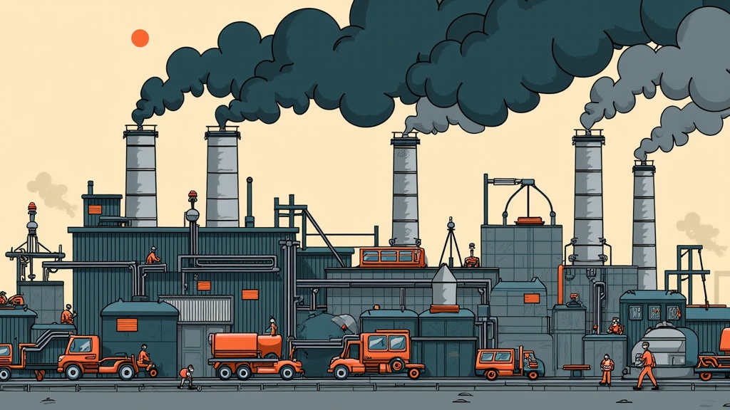 The image is an illustration of a large industrial plant with multiple chimneys and smokestacks. The plant is made up of multiple large industrial buildings with multiple levels and chimneys. The chimneys are emitting black smoke that is billowing out of them. In front of the factory, there are several orange trucks parked on the side of the road. There are also several workers on the ground, some of whom are working on the plants. The sky is orange and there is a red sun in the top left corner of the image. The overall color scheme of the illustration is orange, gray, and white.