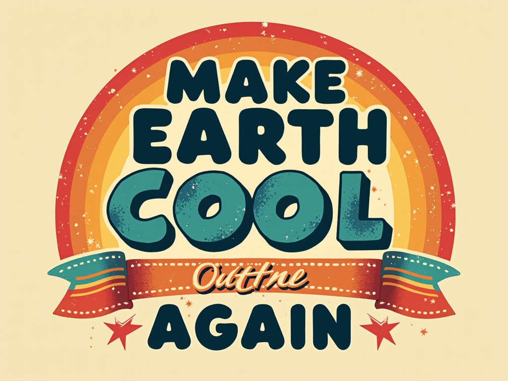A typography-centric design where 'Make Earth Cool Again' is the hero. Use stacked text with varied retro fonts (e.g., funky script, bold block letters, groovy bubble font) in a distinct 70s color wave pattern (like stripes or concentric shapes). Minimalist Earth icon integrated subtly.