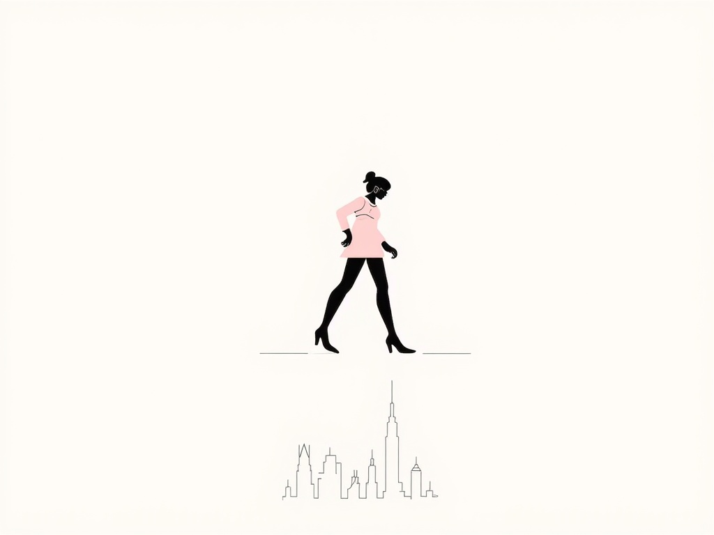 Icon Concept for NYFW Illustration Art: A stylized model silhouette mid-stride, visually merged with a minimalist New York City skyline element (e.g., a subtle skyscraper outline).