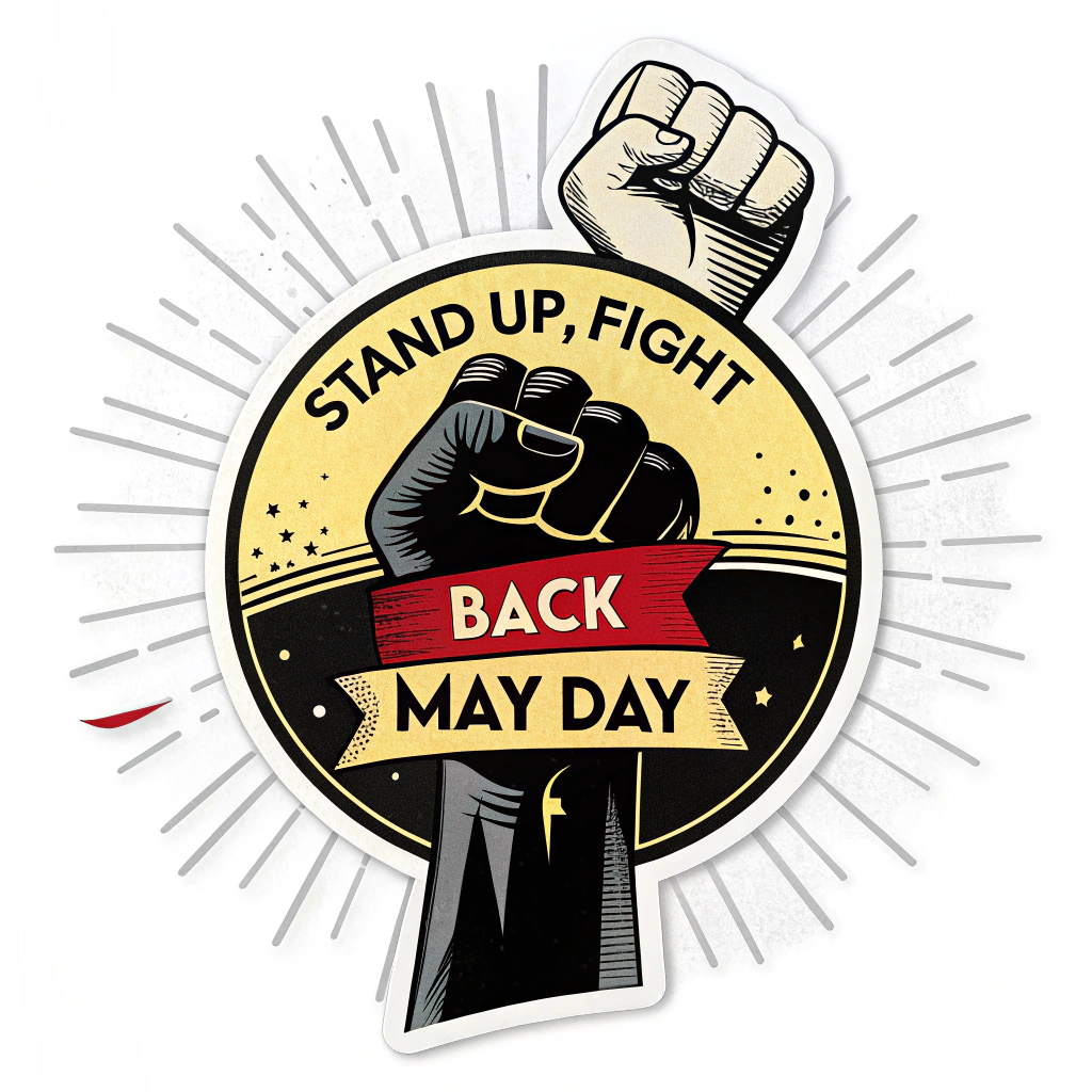 Sub-design Idea 3: Raised Fist & Sign. A strong, raised fist silhouette gripping a protest sign which displays 'Stand Up, Fight Back.' 'May Day' is positioned near the fist or within a circular border. Optional: subtle radiating lines from the fist. Color scheme: Two-tone like black and yellow or red and black.